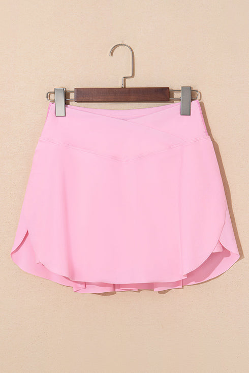 Solid Pocketed Crossover High Waist Swim Skort